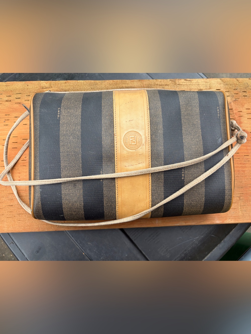 Fendi Striped Crossbody Wallet in Black and Tan Leather Trim